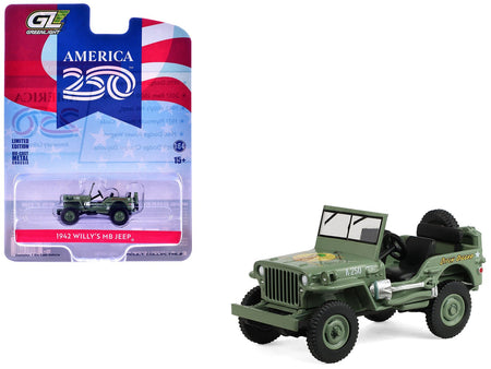1942 Willyâ€™s MB Jeep Olive Green "America 250 Edition" "Anniversary Collection" Series 18 1/64 Diecast Model Car by Greenlight-Greenlight-ModelCars.com