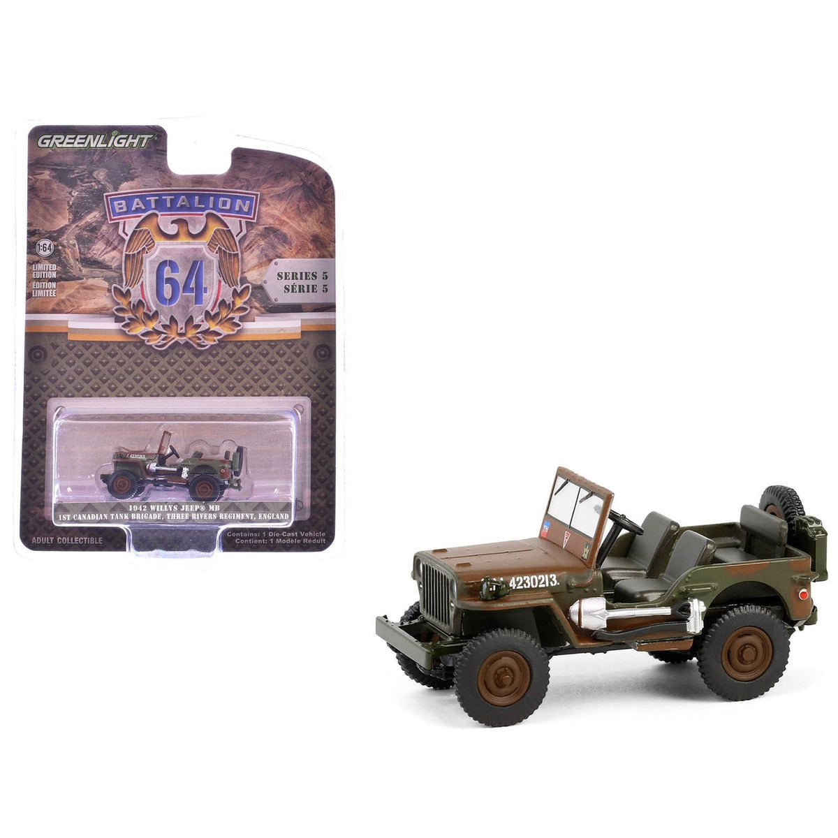 1942 Willys Jeep MB "1st Canadian Tank Brigade Three Rivers Regiment England" Green and Brown Camouflage "Battalion 64" Series 1/64 Diecast Model Car by Greenlight - Greenlight - ModelCars.com