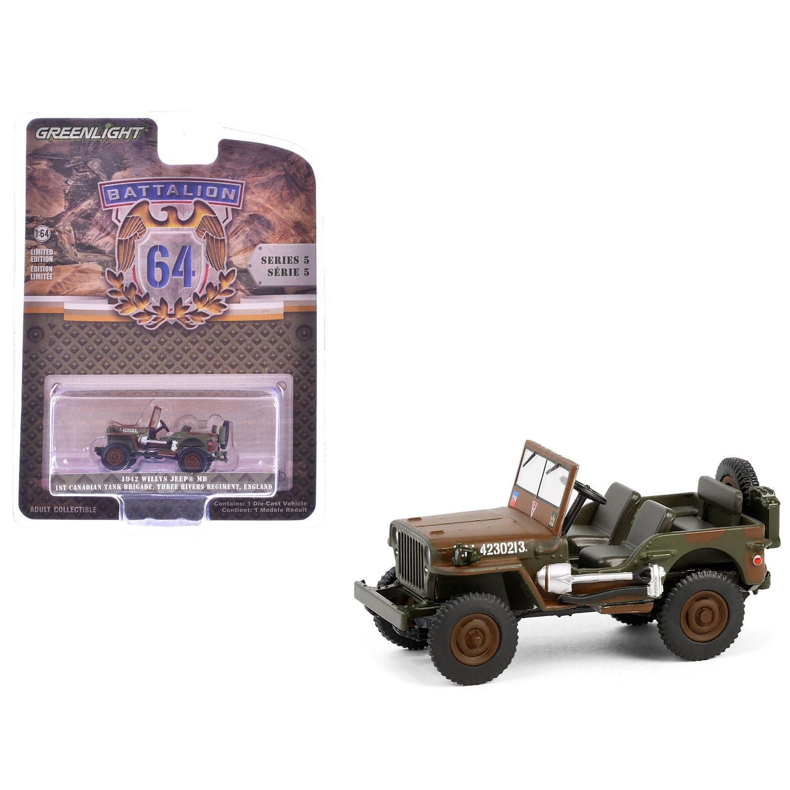1942 Willys Jeep MB "1st Canadian Tank Brigade Three Rivers Regiment England" Green and Brown Camouflage "Battalion 64" Series 1/64 Diecast Model Car by Greenlight - Greenlight - ModelCars.com