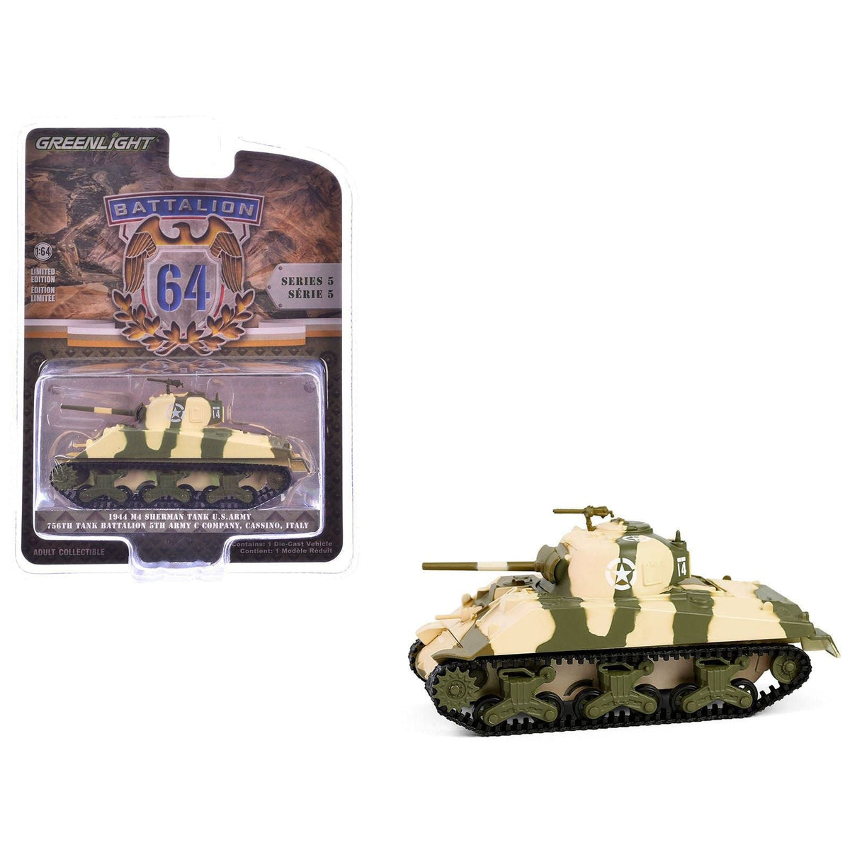 1944 M4 Sherman Tank "U.S. Army 756th Tank Battalion 5th Army C Company Cassino Italy" Camouflage "Battalion 64" Series 5 1/64 Diecast Model Car by Greenlight-Greenlight-ModelCars.com