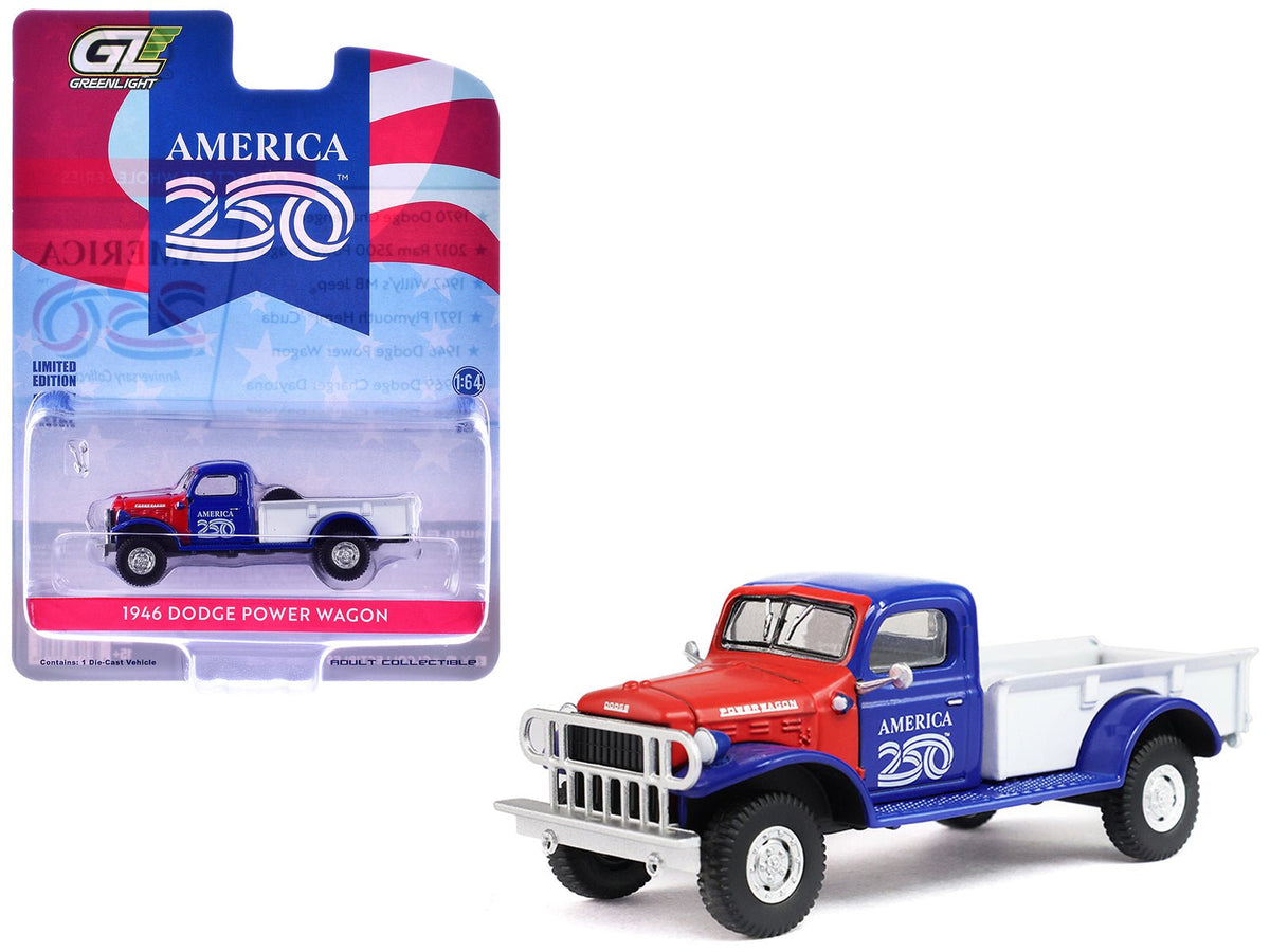 1946 Dodge Power Wagon Pickup Truck Red White and Blue "America 250 Edition" "Anniversary Collection" Series 18 1/64 Diecast Model Car by Greenlight-Greenlight-ModelCars.com