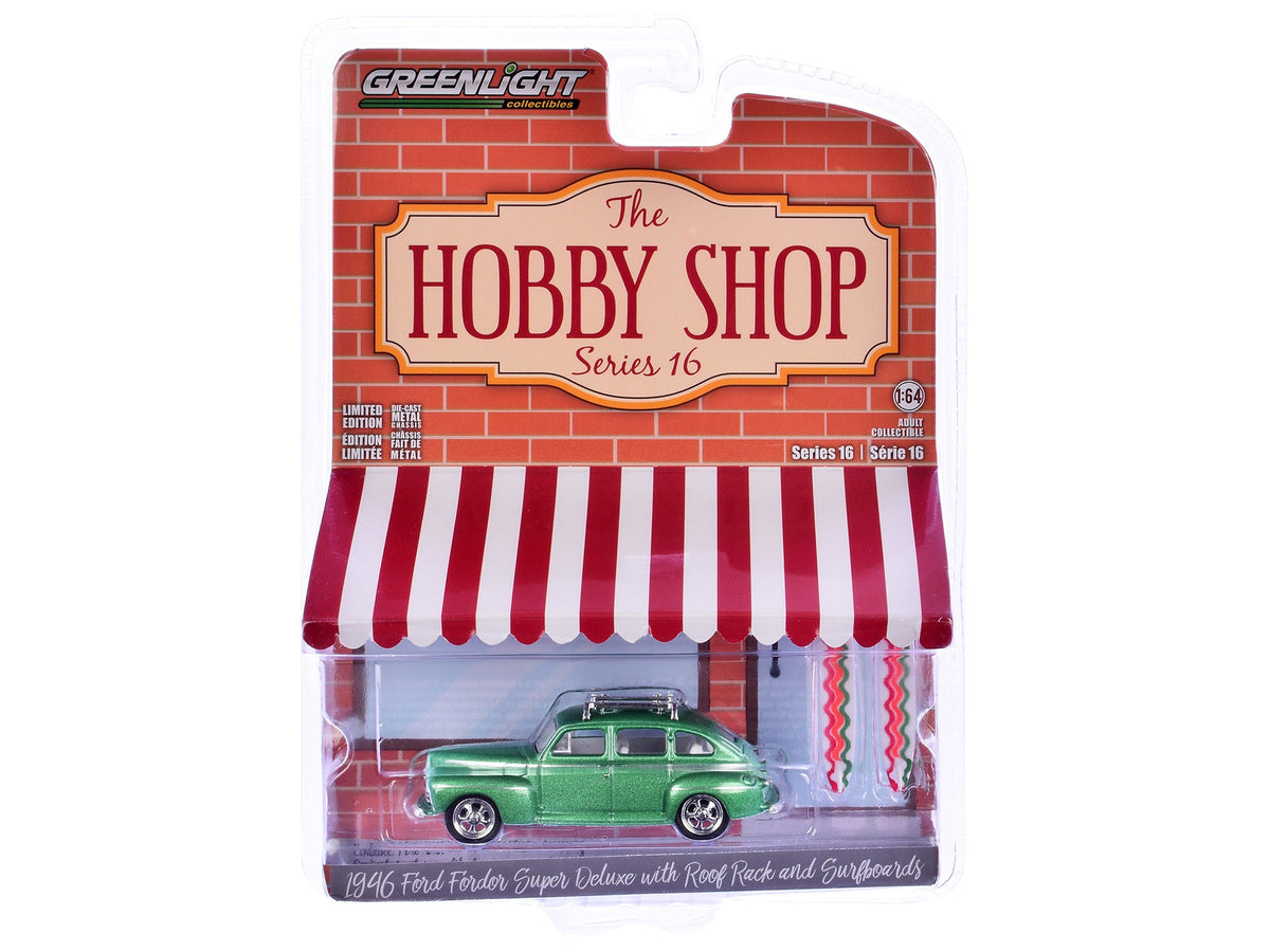 1946 Ford Fordor Super Deluxe Green Metallic with White Interior and Roof Rack with Surfboards "The Hobby Shop" Series 16 1/64 Diecast Model Car by Greenlight-Greenlight-ModelCars.com