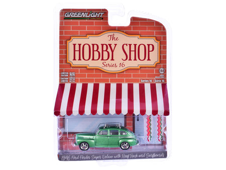 1946 Ford Fordor Super Deluxe Green Metallic with White Interior and Roof Rack with Surfboards "The Hobby Shop" Series 16 1/64 Diecast Model Car by Greenlight-Greenlight-ModelCars.com