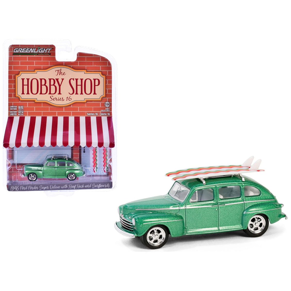 1946 Ford Fordor Super Deluxe Green Metallic with White Interior and Roof Rack with Surfboards "The Hobby Shop" Series 16 1/64 Diecast Model Car by Greenlight-Greenlight-ModelCars.com