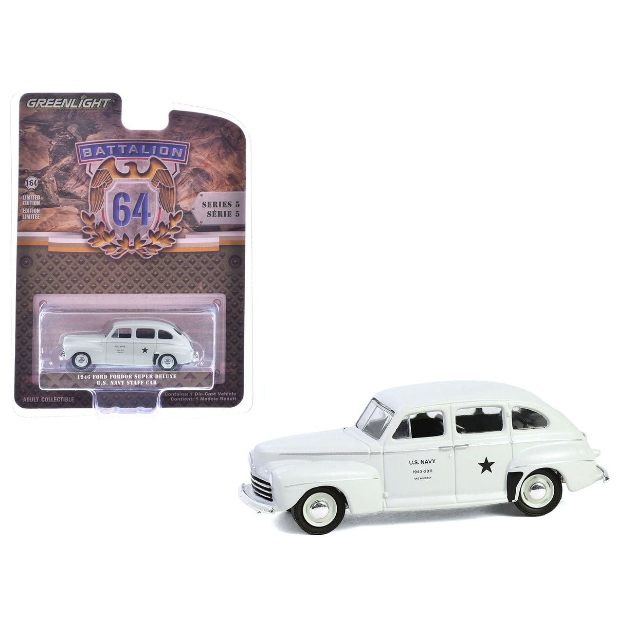 1946 Ford Fordor Super Deluxe "U.S. Navy Staff Car" Matt Light Gray "Battalion 64" Series 5 1/64 Diecast Model Car by Greenlight-Greenlight-ModelCars.com