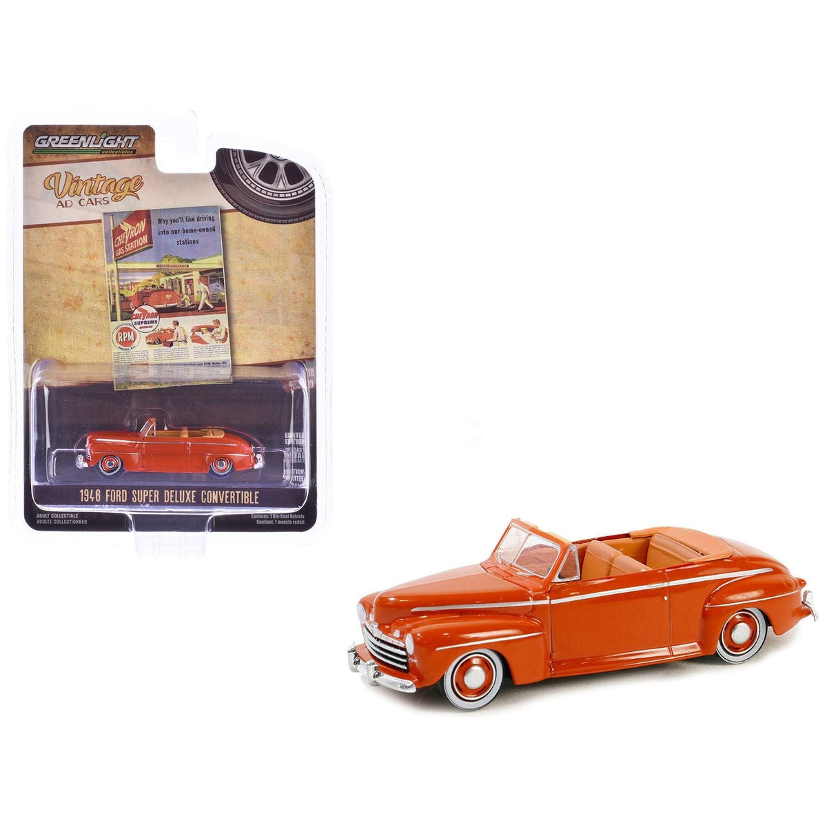 1946 Ford Super Deluxe Convertible Orange "Chevron Supreme" "Vintage Ad Cars" Series 10 1/64 Diecast Model Car by Greenlight-Greenlight-ModelCars.com