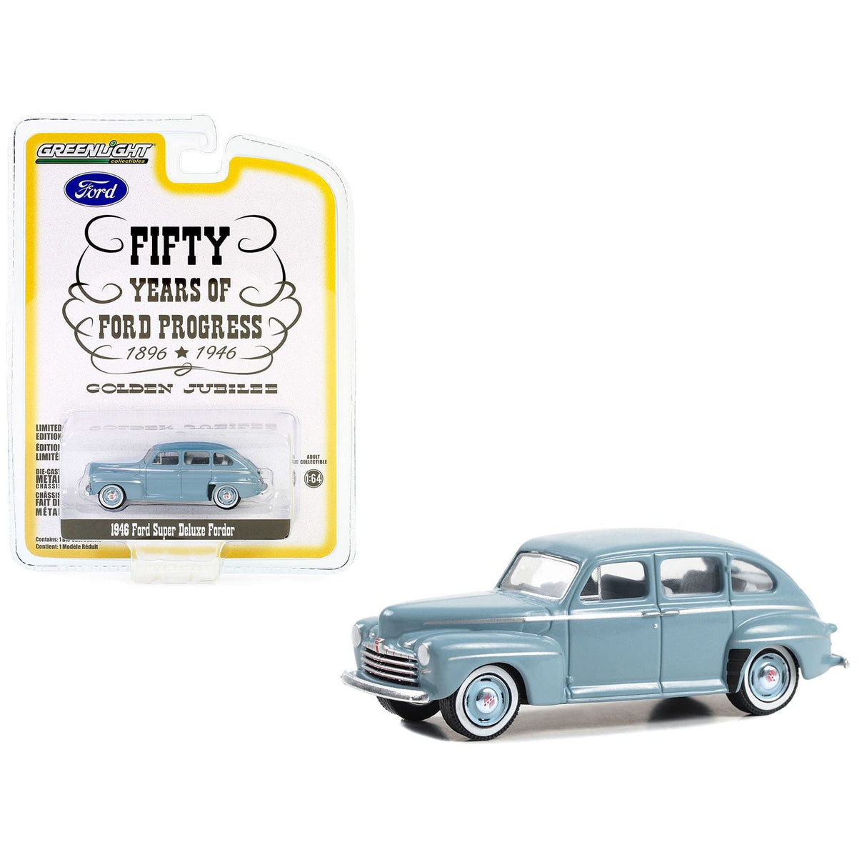 1946 Ford Super Deluxe Fordor Light Blue "Fifty Years of Ford Progress - Golden Jubilee" "Anniversary Collection" Series 16 1/64 Diecast Model Car by Greenlight - Greenlight - ModelCars.com