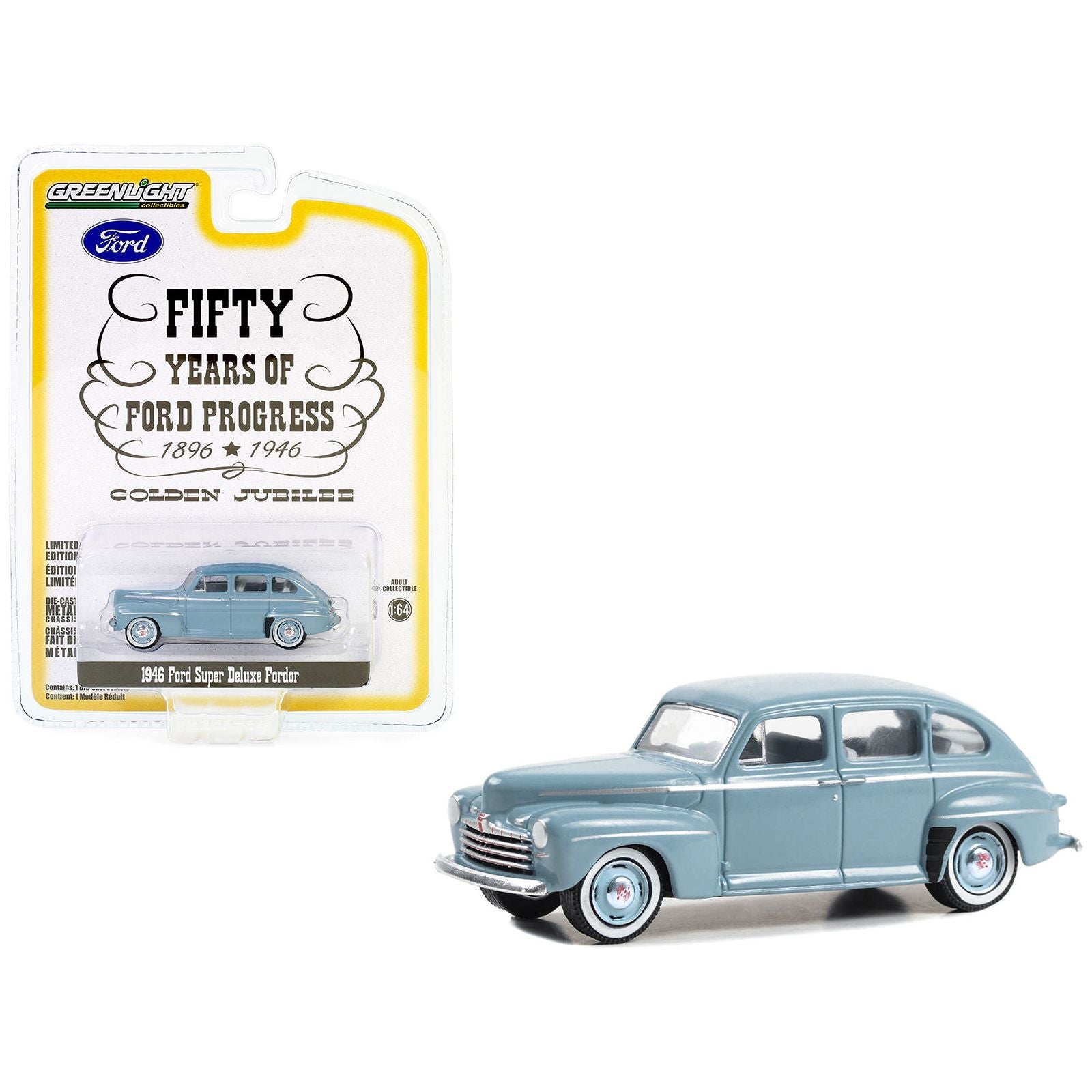 1946 Ford Super Deluxe Fordor Light Blue "Fifty Years of Ford Progress - Golden Jubilee" "Anniversary Collection" Series 16 1/64 Diecast Model Car by Greenlight - Greenlight - ModelCars.com