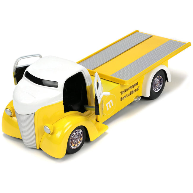 1947 Ford COE Flatbed Truck Yellow Metallic with White Top and Yellow M&M Diecast Figure "M&M's" "Hollywood Rides" Series 1/24 Diecast Model Car by Jada-Jada-ModelCars.com
