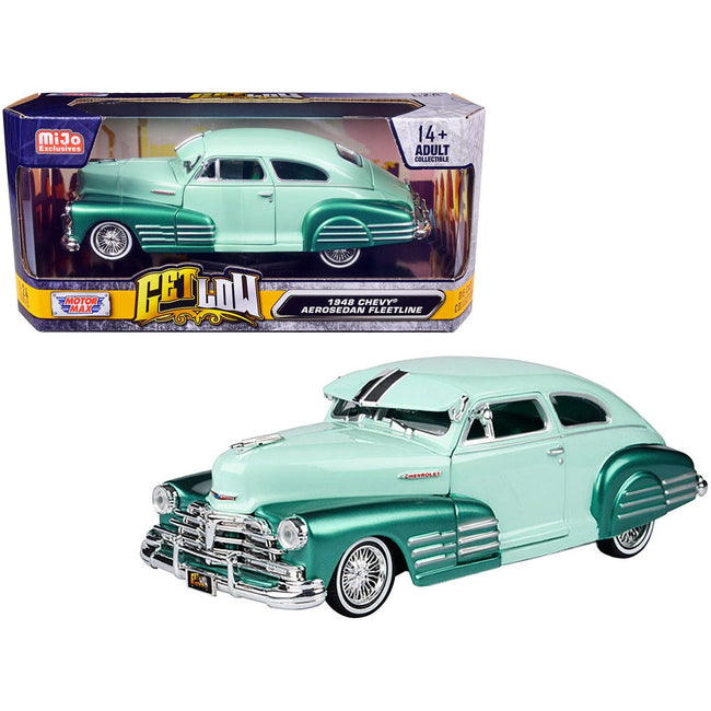 1948 Chevrolet Aerosedan Fleetside Lowrider Pastel Green and Green Metallic Two - Tone "Get Low" Series 1/24 Diecast Model Car by Motormax - Motormax - ModelCars.com