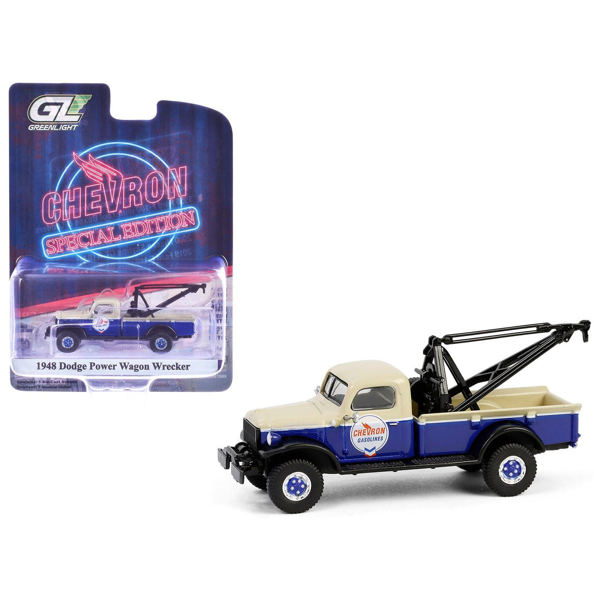 1948 Dodge Power Wagon Wrecker Tow Truck Beige and Blue "Chevron Special Edition" Series 1 1/64 Diecast Model Car by Greenlight - Greenlight - ModelCars.com