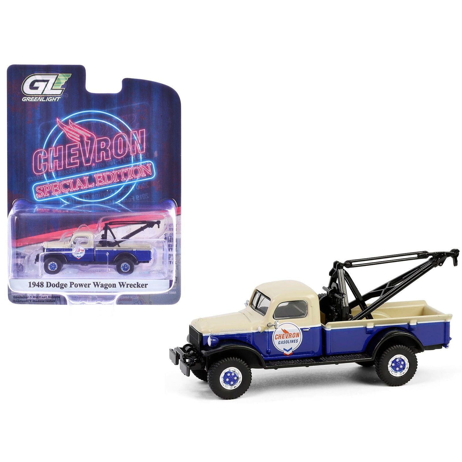 1948 Dodge Power Wagon Wrecker Tow Truck Beige and Blue "Chevron Special Edition" Series 1 1/64 Diecast Model Car by Greenlight - Greenlight - ModelCars.com