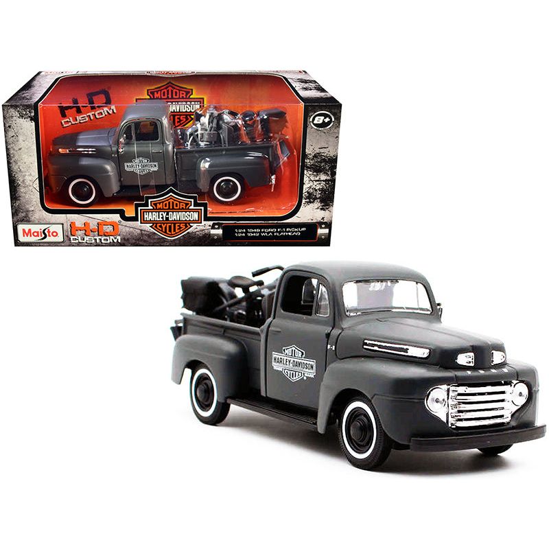 1948 Ford F - 1 Pickup Truck and 1942 Harley - Davidson WLA Flathead Motorcycle Matt Dark Gray "Harley - Davidson Custom" 1/24 Diecast Models by Maisto - Maisto - ModelCars.com