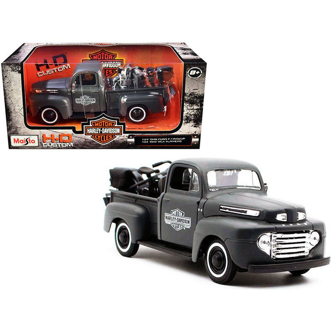 1948 Ford F - 1 Pickup Truck and 1942 Harley - Davidson WLA Flathead Motorcycle Matt Dark Gray "Harley - Davidson Custom" 1/24 Diecast Models by Maisto - Maisto - ModelCars.com