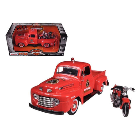 1948 Ford F - 1 Pickup Truck "Harley Davidson" Fire Truck and 1936 El Knucklehead Motorcycle 1/24 Diecast Models by Maisto - Maisto - ModelCars.com