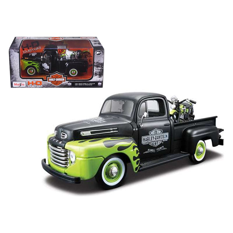 1948 Ford F - 1 Pickup Truck "Harley Davidson" with 1948 Harley Davidson FL Panhead Motorcycle Black and Green 1/24 Diecast Models by Maisto - Maisto - ModelCars.com