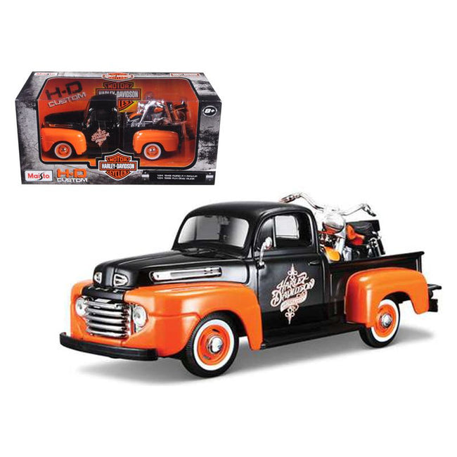 1948 Ford F - 1 Pickup Truck with 1958 Harley Davidson FLH Duo Glide Motorcycle Orange and Black 1/24 Diecast Models by Maisto - Maisto - ModelCars.com