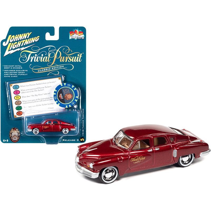 1948 Tucker Torpedo Red Maroon Metallic "Tucker: The Man and His Dream" (1988) Movie with Poker Chip (Collector Token) and Game Card "Trivial Pursuit" "Pop Culture" Series 3 1/64 Diecast Model Car by Johnny Lightning - Johnny Lightning - ModelCars.com