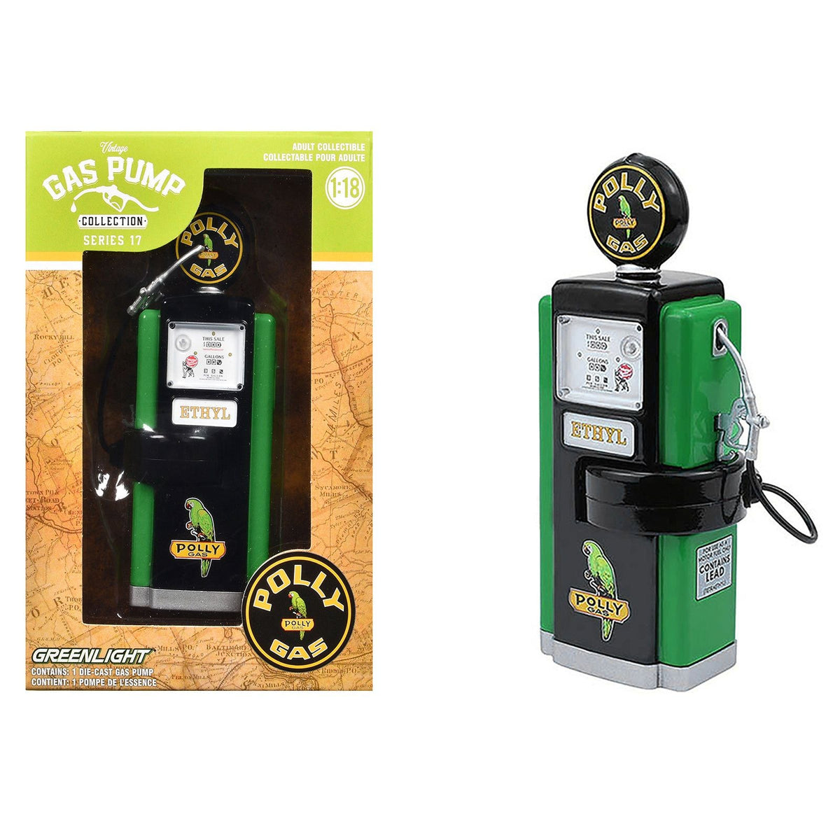 1948 Wayne 100-A Gas Pump "Polly Gas" Black and Green "Vintage Gas Pumps" Series 17 1/18 Diecast Replica by Greenlight-Greenlight-ModelCars.com