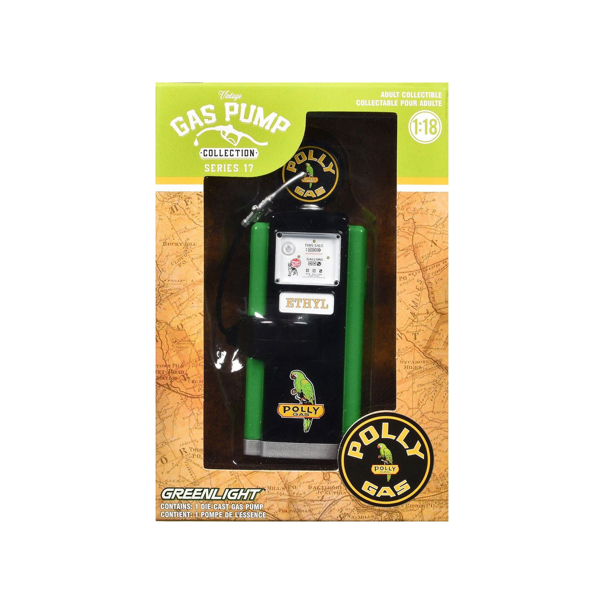 1948 Wayne 100-A Gas Pump "Polly Gas" Black and Green "Vintage Gas Pumps" Series 17 1/18 Diecast Replica by Greenlight-Greenlight-ModelCars.com