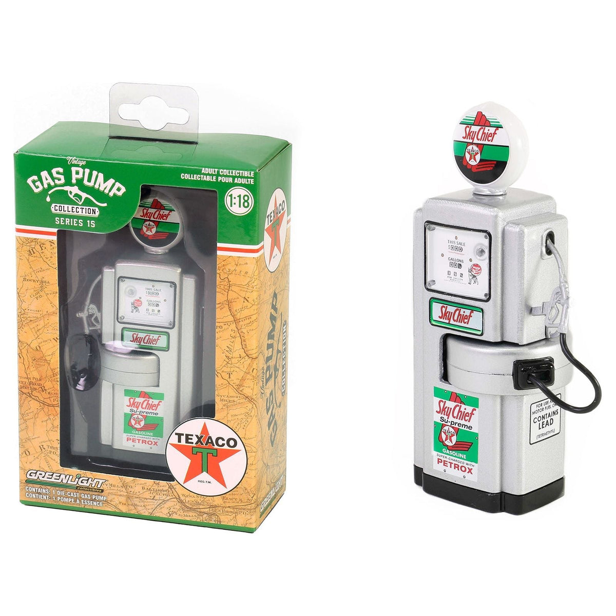 1948 Wayne 100-A Gas Pump "Texaco Sky Chief Su-Preme" Silver Metallic "Vintage Gas Pumps" Series 15 1/18 Diecast Replica by Greenlight-Greenlight-ModelCars.com
