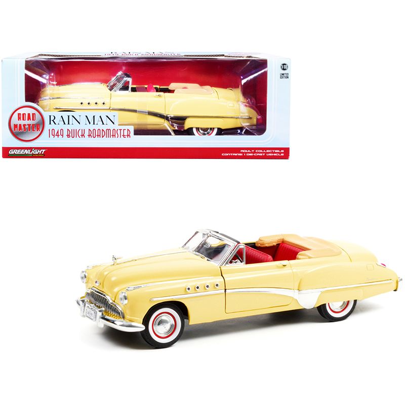 1949 Buick Roadmaster Convertible (Charlie Babbitt's) Yellow with Red Interior "Rain Man" (1988) Movie 1/18 Diecast Model Car by Greenlight-Greenlight-ModelCars.com