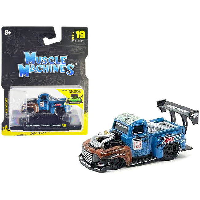 1949 Ford F1 Pickup Truck 128 "Old Smokey" Blue and Brown (Weathered) 1/64 Diecast Model Car by Muscle Machines - Muscle Machines - ModelCars.com