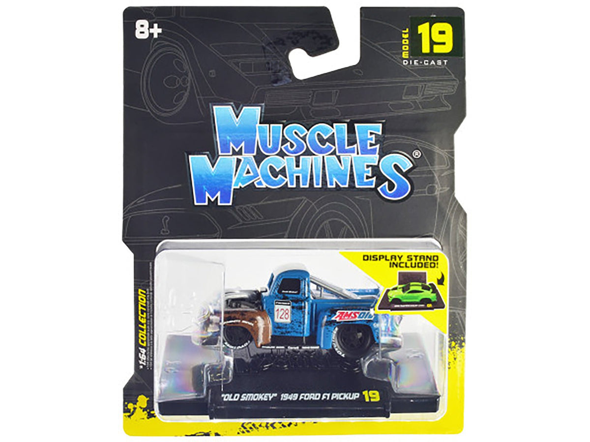 1949 Ford F1 Pickup Truck #128 "Old Smokey" Blue and Brown (Weathered) 1/64 Diecast Model Car by Muscle Machines-Muscle Machines-ModelCars.com