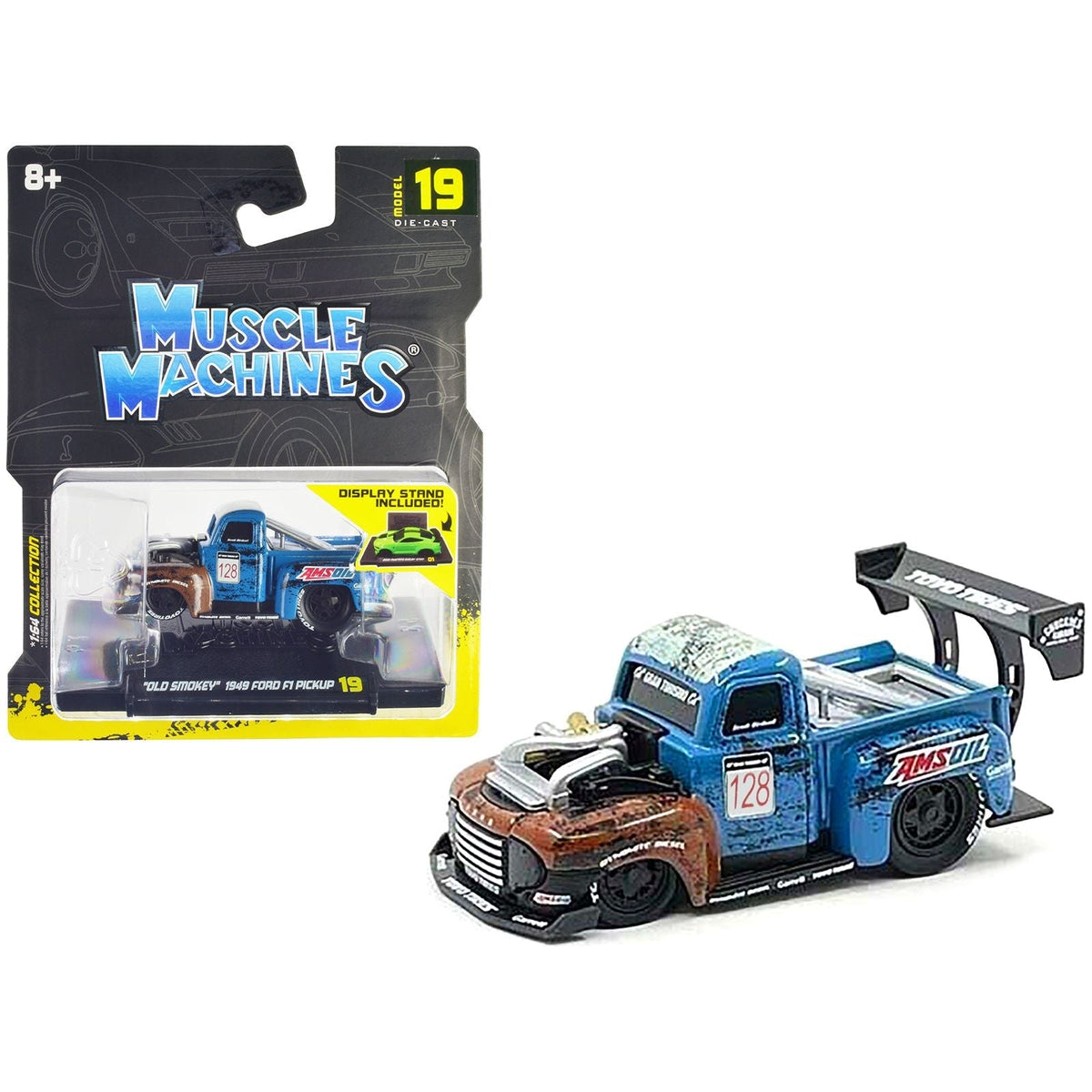 1949 Ford F1 Pickup Truck #128 "Old Smokey" Blue and Brown (Weathered) 1/64 Diecast Model Car by Muscle Machines-Muscle Machines-ModelCars.com