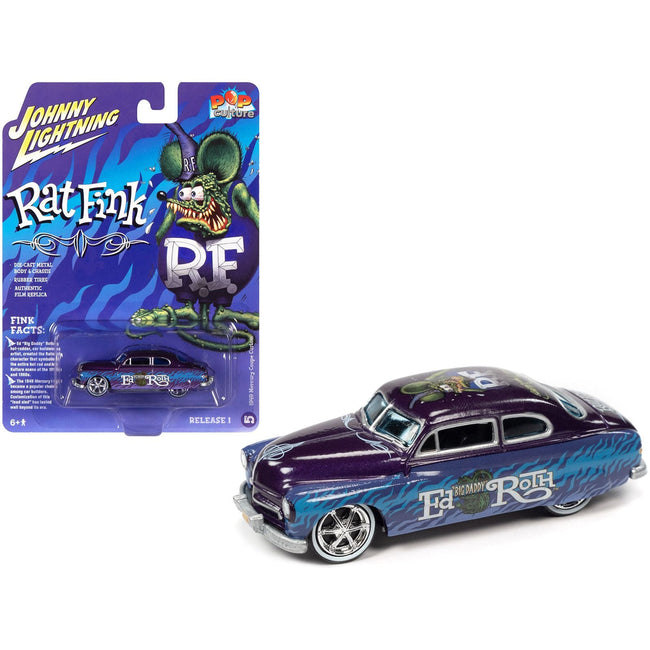 1949 Mercury Coupe Custom Purple Metallic with Graphics "Rat Fink" "Pop Culture" 2022 Release 1 1/64 Diecast Model Car by Johnny Lightning - Johnny Lightning - ModelCars.com