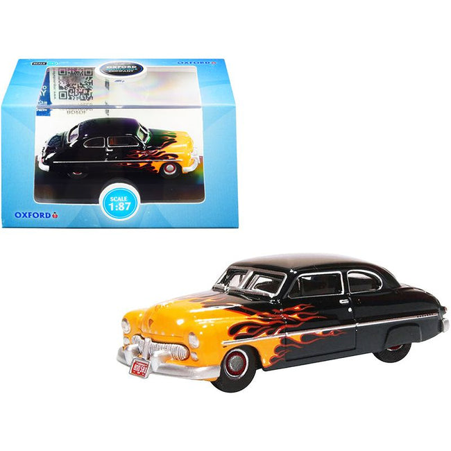 1949 Mercury Coupe "Hot Rod" Black and Yellow with Flames 1/87 (HO) Scale Diecast Model Car by Oxford Diecast-Oxford Diecast-ModelCars.com