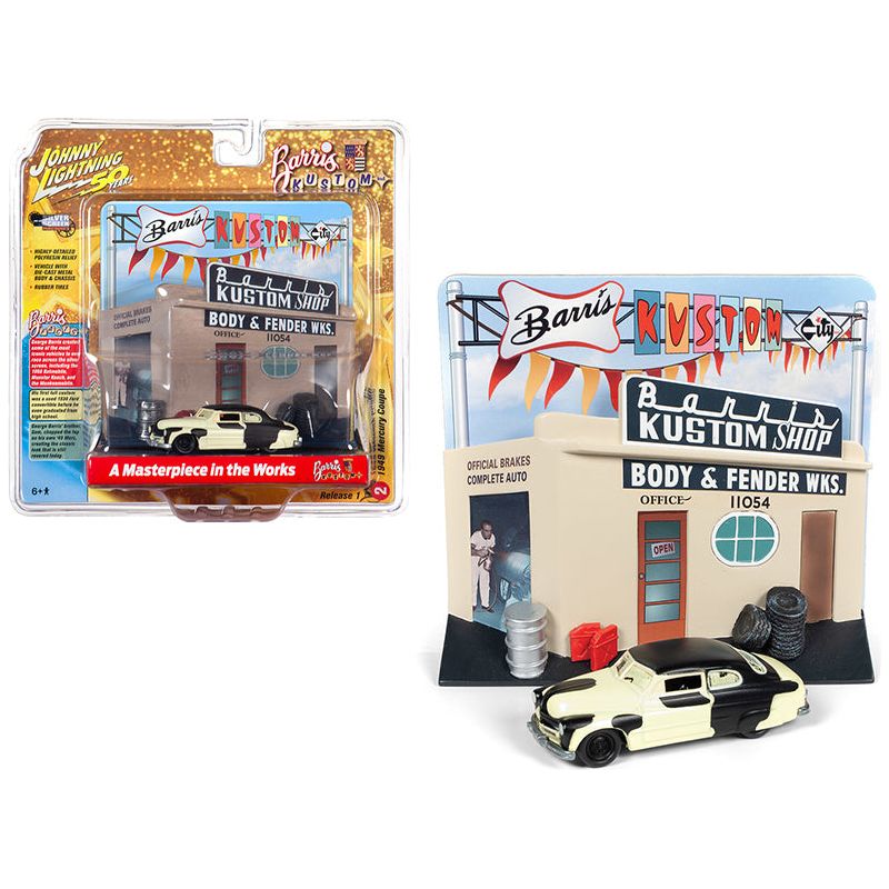 1949 Mercury Coupe Project Car with "Barris Kustom Shop" Facade Diorama "Johnny Lightning 50th Anniversary" 1/64 Diecast Model Car by Johnny Lightning-Johnny Lightning-ModelCars.com