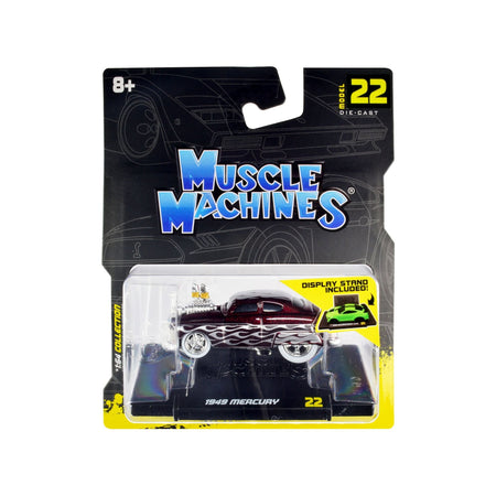 1949 Mercury Custom Coupe Dark Red Metallic with Flames 1/64 Diecast Model Car by Muscle Machines - Muscle Machines - ModelCars.com