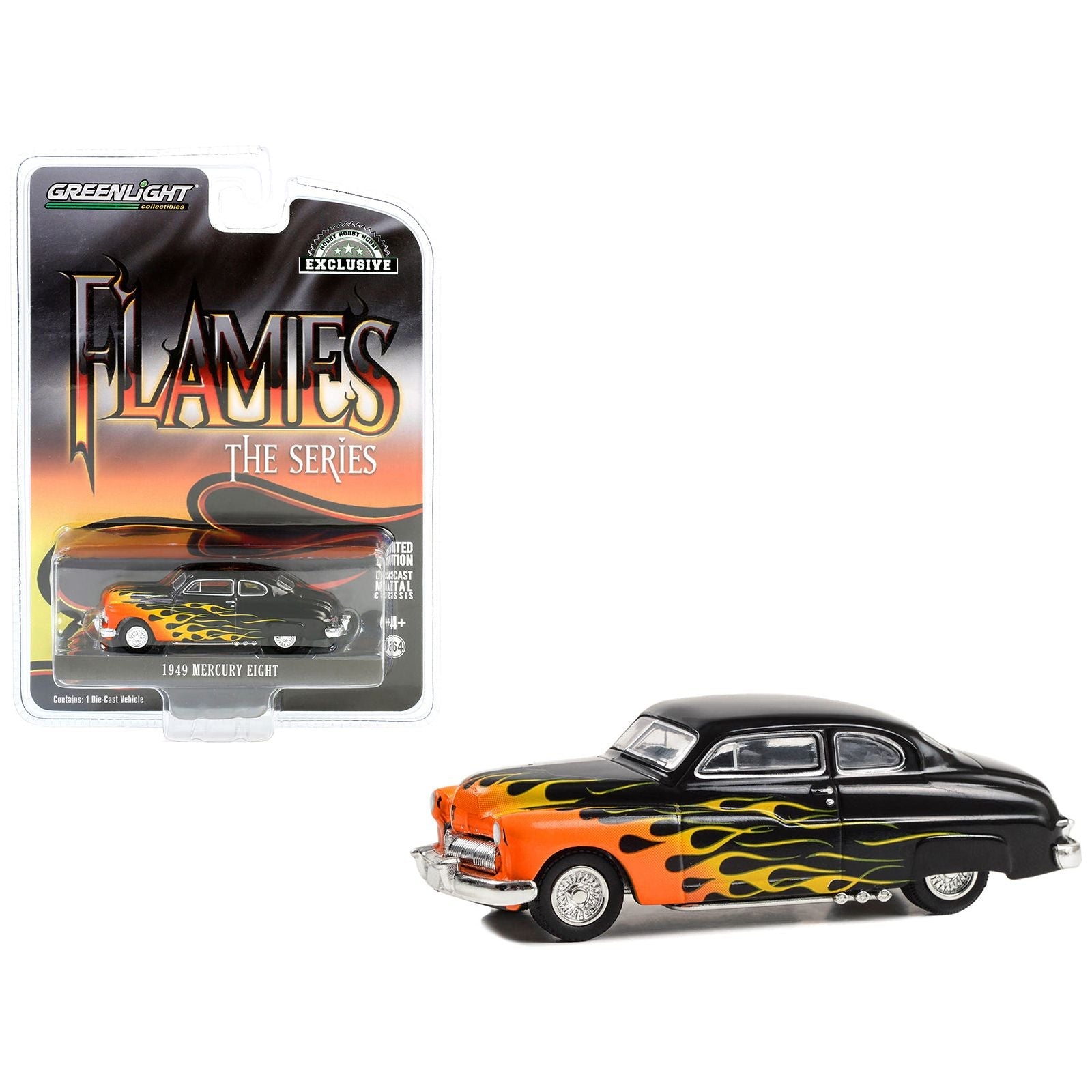 1949 Mercury Eight Black with Flames "Flames - Hobby Exclusive" Series 1/64 Diecast Model Car by Greenlight - Greenlight - ModelCars.com