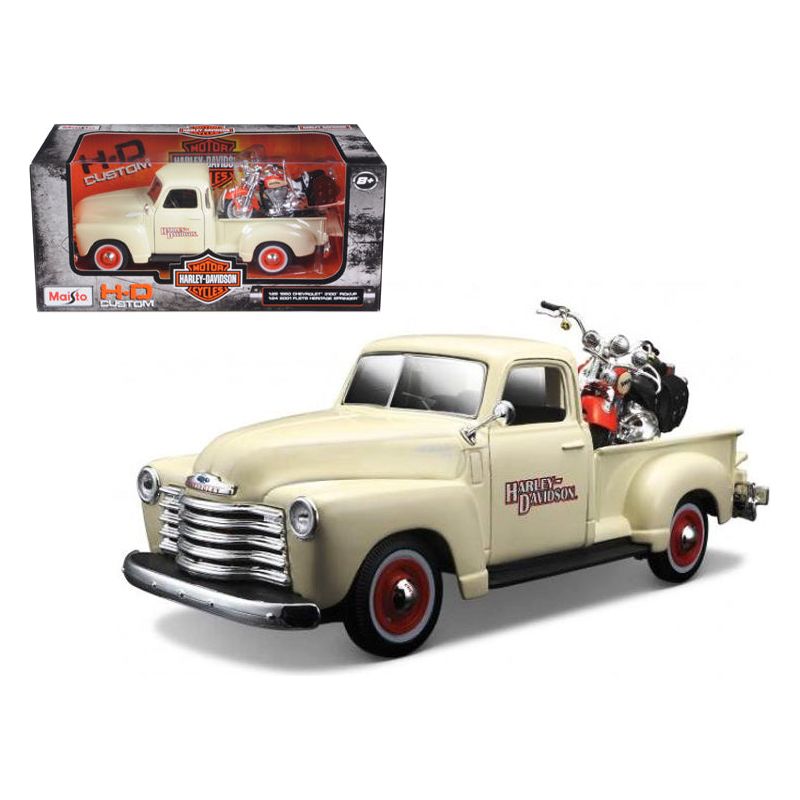 1950 Chevrolet 3100 Pickup Truck Cream 1/25 and 2001 FLSTS Heritage Springer Motorcycle Orange 1/24 "Harley - Davidson Custom" Series Diecast Models by Maisto - Maisto - ModelCars.com