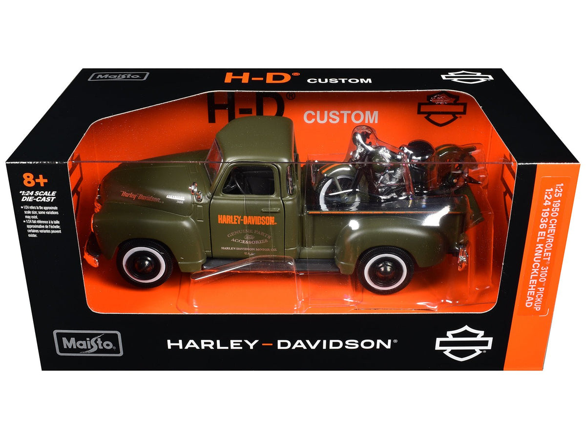 1950 Chevrolet 3100 Pickup Truck "Harley Davidson" Matt Green with 1936 Harley Davidson El Knucklehead Motorcycle Matt Green "HD Custom" Series 1/24 Diecast Model Car by Maisto-Maisto-ModelCars.com