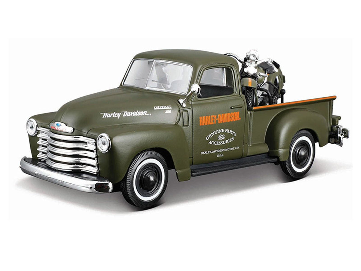 1950 Chevrolet 3100 Pickup Truck "Harley Davidson" Matt Green with 1936 Harley Davidson El Knucklehead Motorcycle Matt Green "HD Custom" Series 1/24 Diecast Model Car by Maisto-Maisto-ModelCars.com