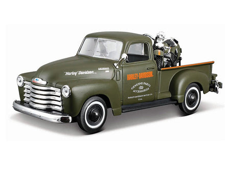 1950 Chevrolet 3100 Pickup Truck "Harley Davidson" Matt Green with 1936 Harley Davidson El Knucklehead Motorcycle Matt Green "HD Custom" Series 1/24 Diecast Model Car by Maisto-Maisto-ModelCars.com