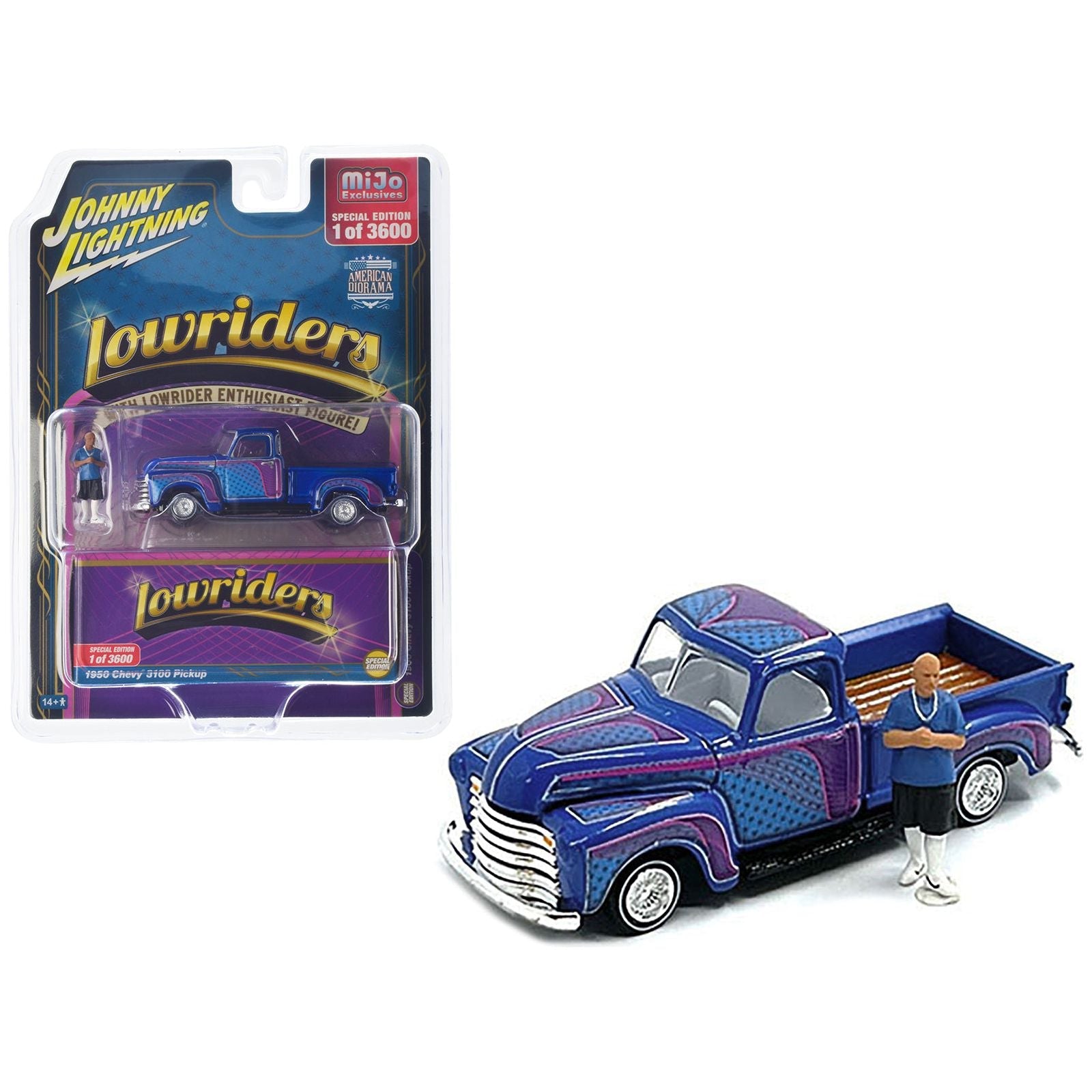 1950 Chevrolet 3100 Pickup Truck Lowrider Blue with Graphics and Diecast Figure Limited Edition to 3600 pieces Worldwide 1/64 Diecast Model Car by Johnny Lightning - Johnny Lightning - ModelCars.com