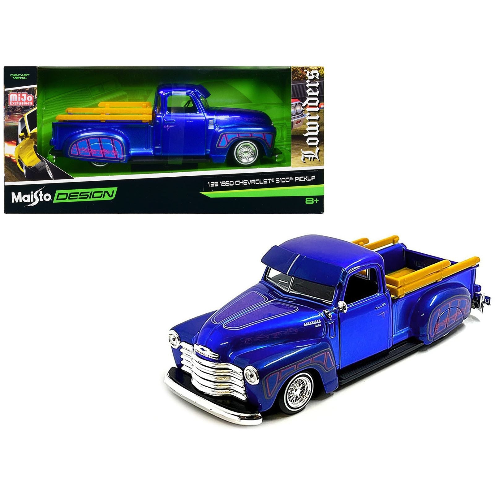 1950 Chevrolet 3100 Pickup Truck Lowrider Candy Blue with Graphics "Lowriders" Series 1/25 Diecast Model Car by Maisto - Maisto - ModelCars.com