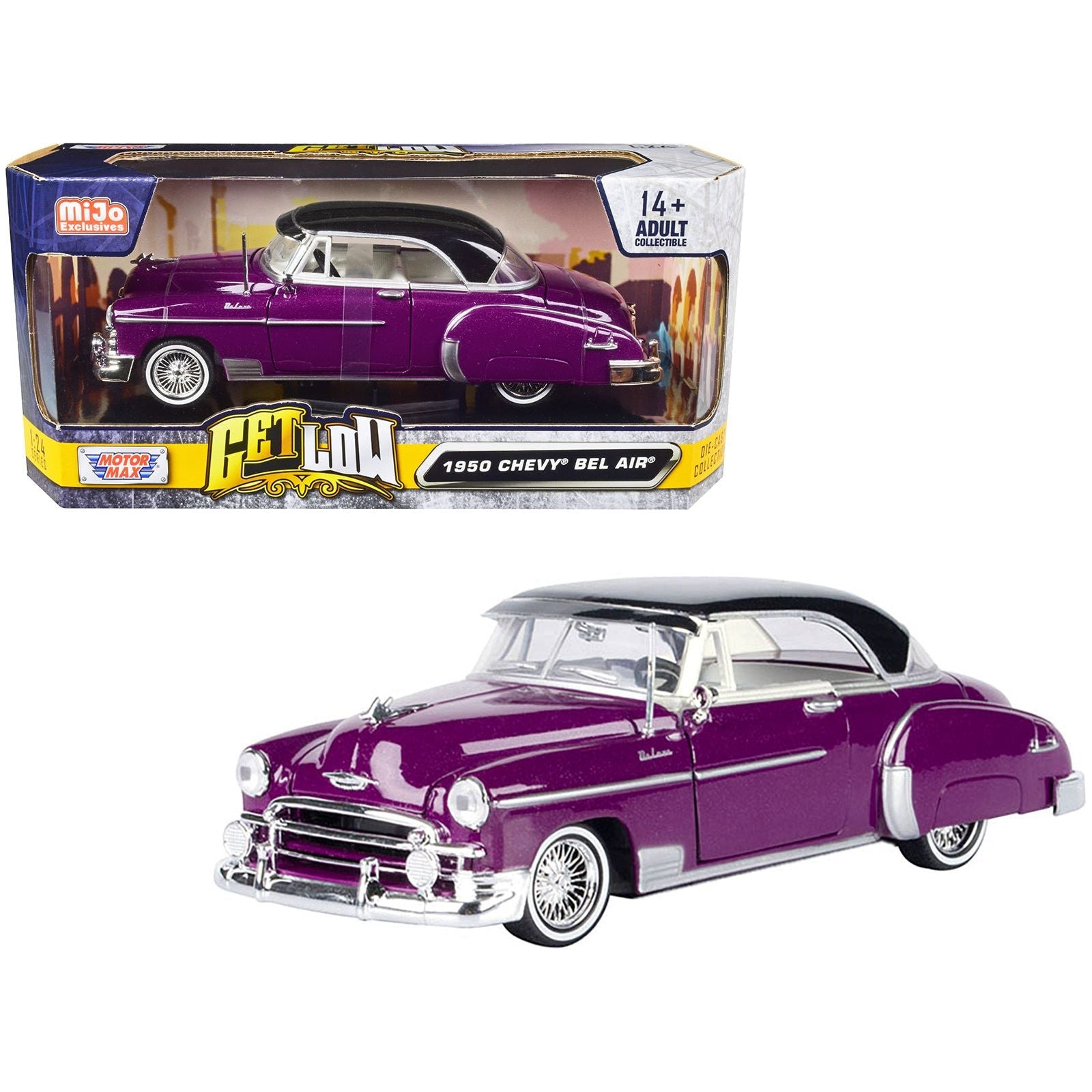 1950 Chevrolet Bel Air Lowrider Purple Metallic with Black Top and White Interior "Get Low" Series 1/24 Diecast Model Car by Motormax - Motormax - ModelCars.com