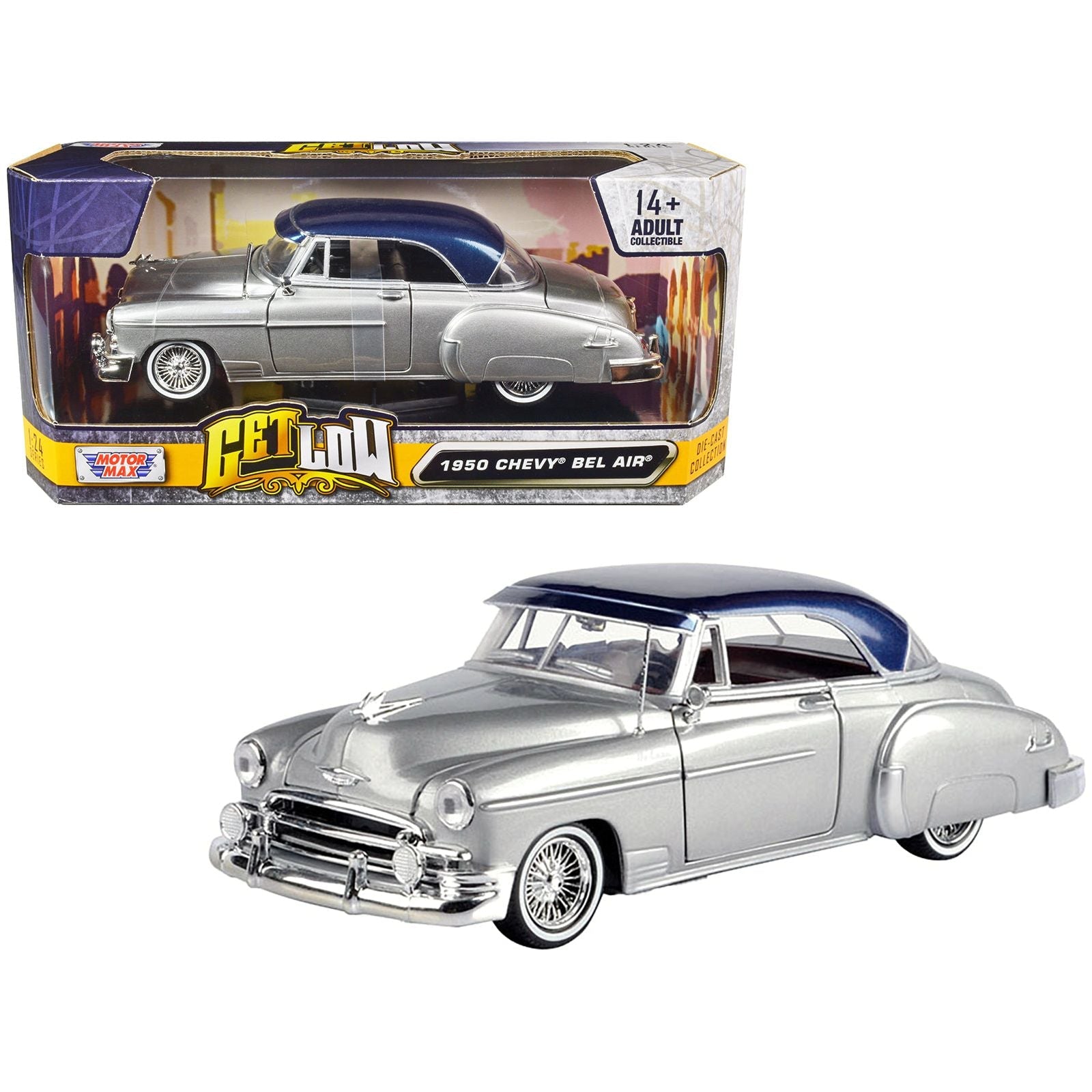1950 Chevrolet Bel Air Lowrider Silver Metallic with Blue Metallic Top "Get Low" Series 1/24 Diecast Model Car by Motormax - Motormax - ModelCars.com