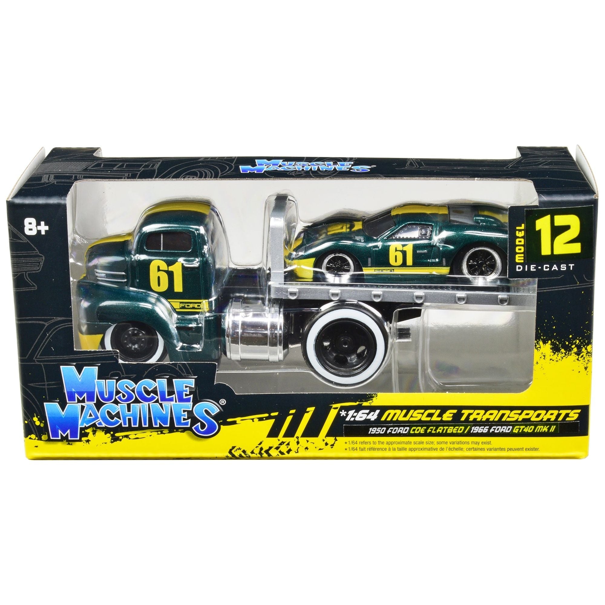 1950 Ford COE Flatbed Truck 61 and 1966 Ford GT40 MK II 61 Green Metallic with Yellow Stripes "Muscle Transports" Series 1/64 Diecast Model Cars by Muscle Machines - Muscle Machines - ModelCars.com