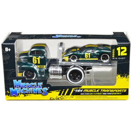 1950 Ford COE Flatbed Truck 61 and 1966 Ford GT40 MK II 61 Green Metallic with Yellow Stripes "Muscle Transports" Series 1/64 Diecast Model Cars by Muscle Machines - Muscle Machines - ModelCars.com