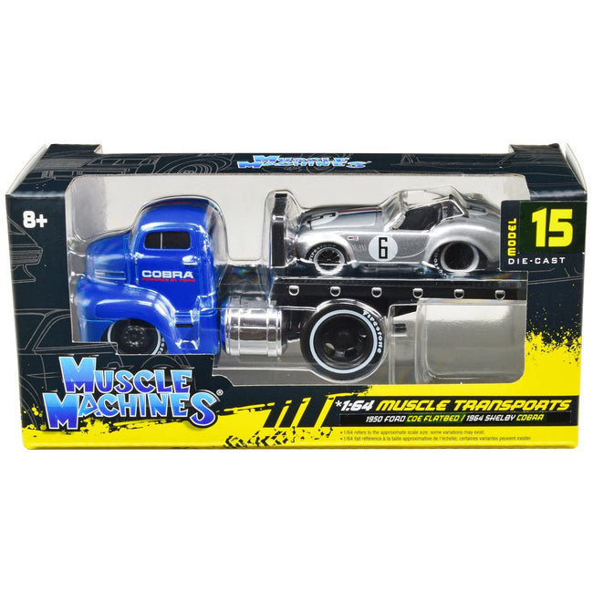 1950 Ford COE Flatbed Truck Blue "Cobra Powered by Ford" and 1964 Shelby Cobra 6 Silver Metallic with Stripes "Muscle Transports" Series 1/64 Diecast Model Cars by Muscle Machines - Muscle Machines - ModelCars.com