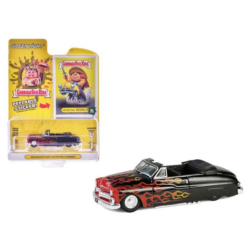 1950 Mercury Eight Convertible Lowrider Black with Flames "Menacing Monica" "Garbage Pail Kids" Series 7 1/64 Diecast Model Car by Greenlight - Greenlight - ModelCars.com