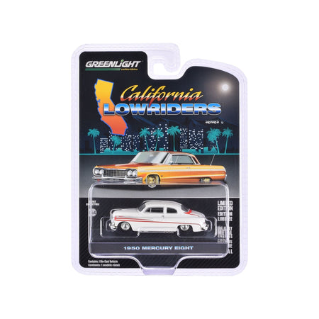 1950 Mercury Eight Coupe Matt White with Orange Stripes "California Lowriders" Series 6 1/64 Diecast Model Car by Greenlight-Greenlight-ModelCars.com