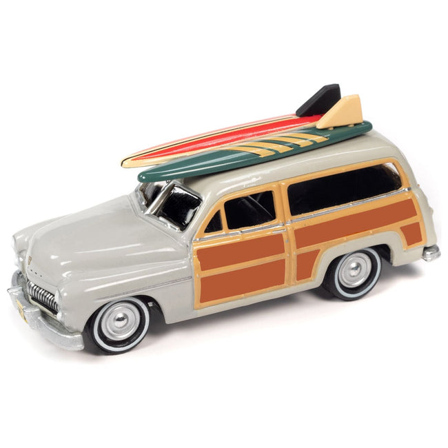 1950 Mercury Woody Wagon Dakota Gray with Wood Panels & Surfboards on Roof & 1959 Cadillac Ambulance Dull Red w/ Surfboards on Roof Cocoa Beach Rescue Patrol Surf Rods "Set of 2" Cars 2-Packs 2023 Release 2 1/64 Diecast Model Cars by Johnny Lightning-Johnny Lightning-ModelCars.com