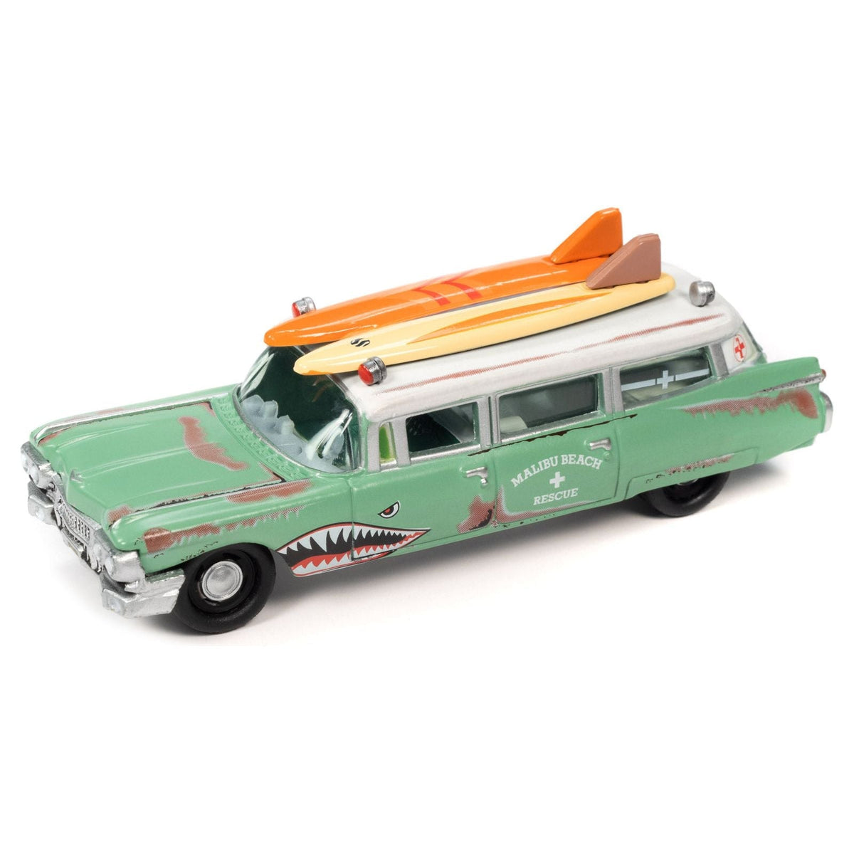 1950 Mercury Woody Wagon Matt Black w/ Wood Panels "Nomad Surf Shop" & 1959 Cadillac Ambulance Teal w/ Surf Shark Graphics & White Top Rusted "Malibu Beach Rescue" "Surf Rods" Set 2 Cars 2-Packs 2023 Release 2 1/64 Diecast Models by Johnny Lightning-Johnny Lightning-ModelCars.com