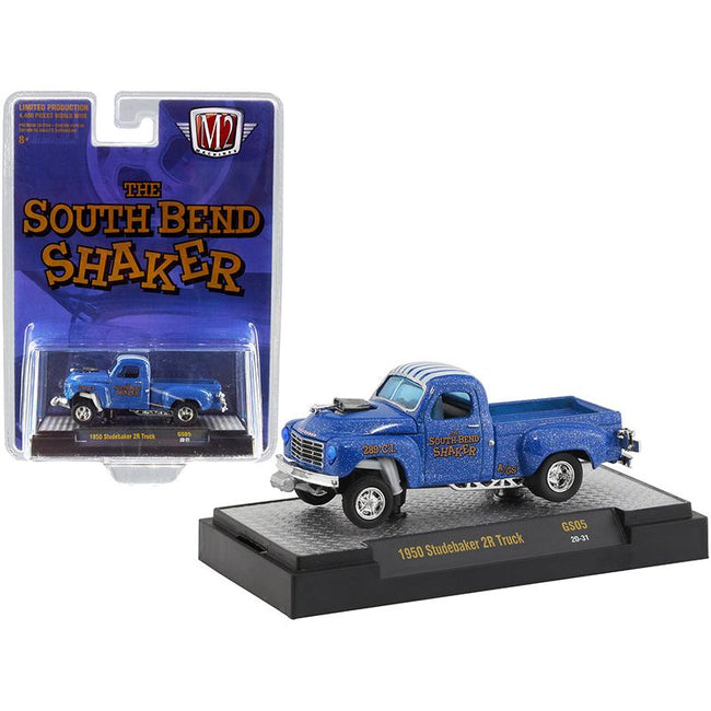1950 Studebaker 2R Pickup Truck "The South Bend Shaker" Blue Heavy Metallic with White Stripes Limited Edition to 4400 pieces Worldwide 1/64 Diecast Model Car by M2 Machines-M2-ModelCars.com